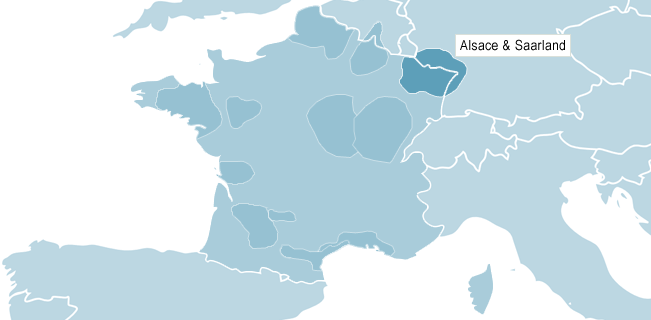 Karta &ouml;ver Alsace & Saarland